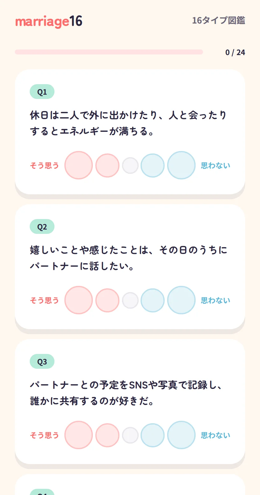 診断画面のスクリーンショット。進捗バーと「そう思う〜思わない」の5段階で答える設問カードが並ぶ