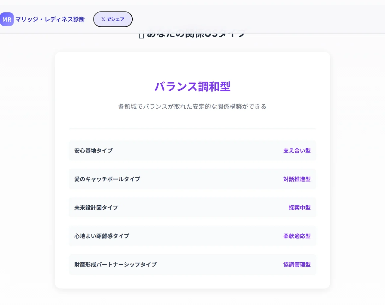 関係OSタイプの判定結果。バランス調和型と表示され、安心基地タイプや未来設計図タイプなど5つの軸の判定が並ぶ